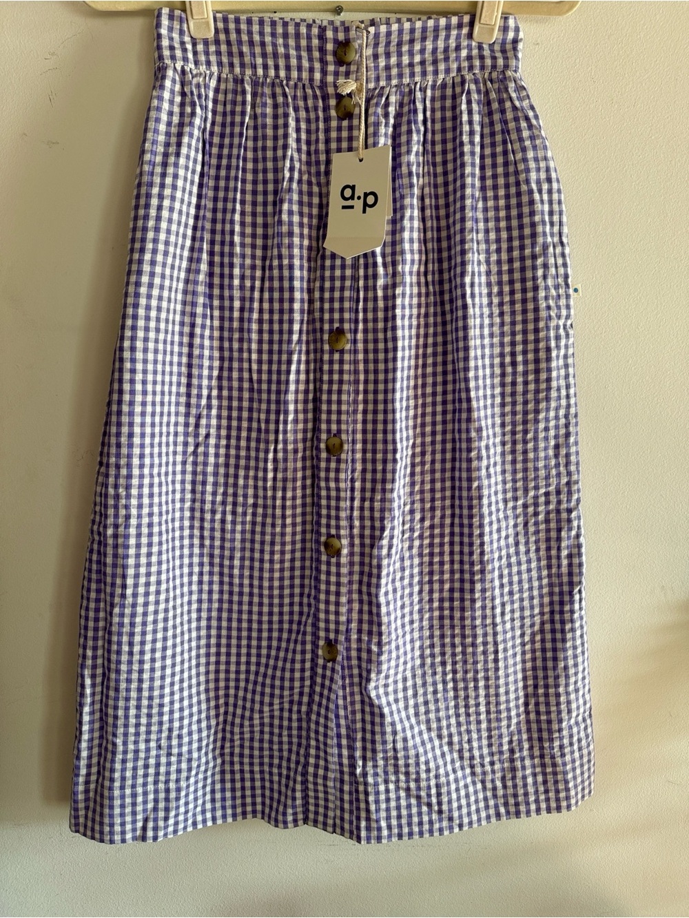 A.P. Arsene et Les Piplettes Purple Check Gingham Button-Front Midi Skirt